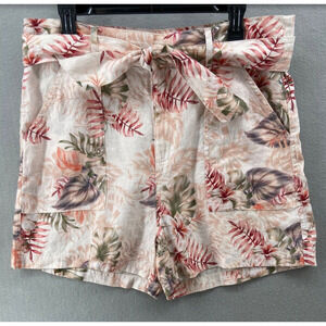 GUESS‎ Shorts Womens XL Pink Slash Pockets Belted Floral High Waist Linen Blend